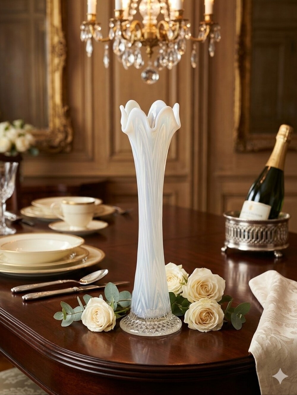 VINTAGE FENTON MILK OPALESCENT SWUNG FINE RIBE VASE